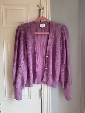Sundays Lavender Knit Puff-Sleeve Cardigan Sweater